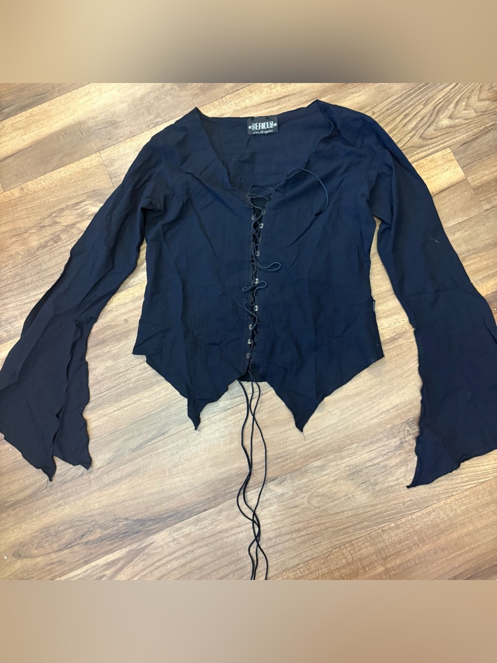Vintage Serious Black Lace-Up Bell Sleeve Women's Top